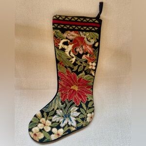 Vintage Needlepoint Christmas Stocking Poinsettia Floral Black Velvet Pier 1